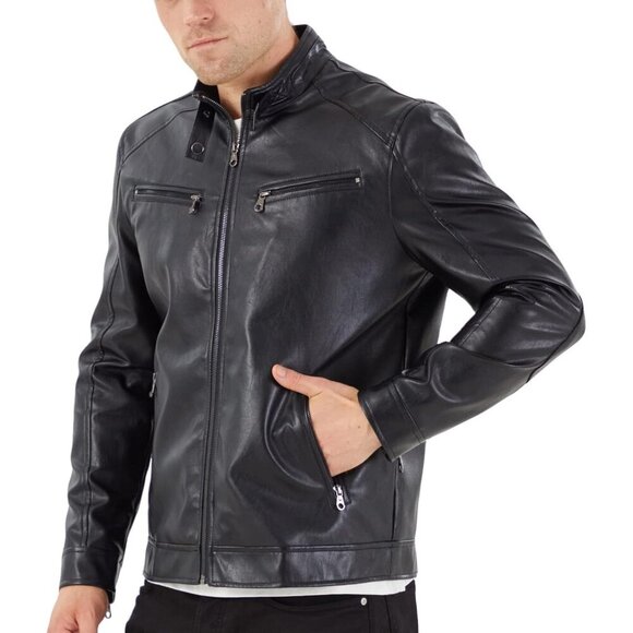 🆕 Men Black Stand Collar Leather Jacket Motorcycle Lightweight Faux Outwear - Picture 3 of 6